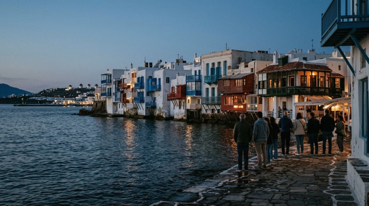 Sunset crowd gathering at a Mykonos beach club terrace in early June, the best time to visit Mykonos for nightlife before peak season