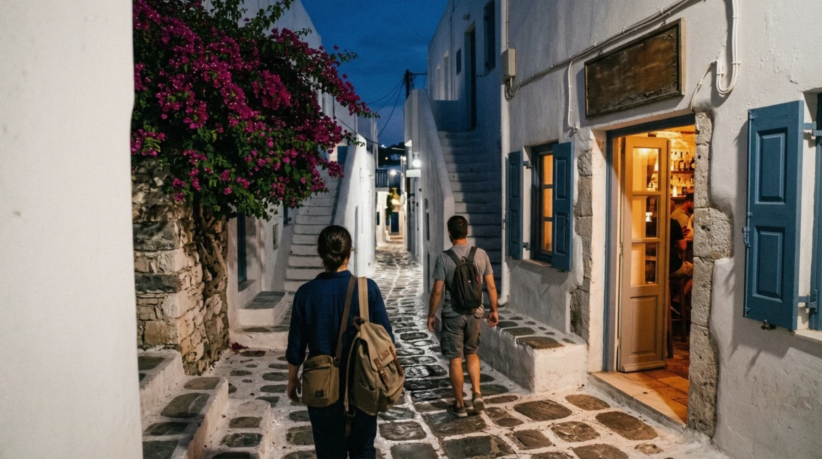 A first-time visitor waiting at a taxi rank in Mykonos Town at night, part of the reality of Mykonos nightlife for first timers