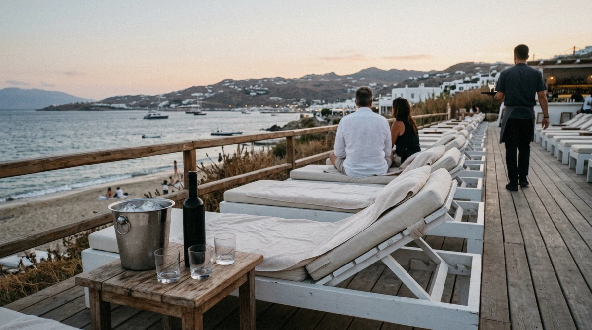 A price list and reserved-table sign at a Mykonos beach club bar, showing the real cost of Mykonos island nightlife