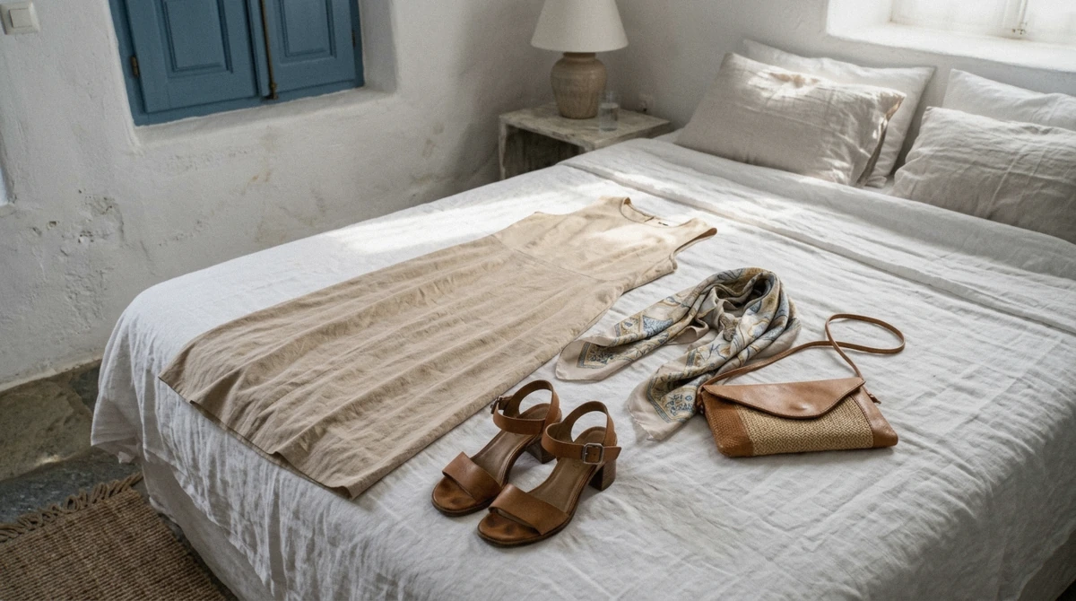 Elevated resort outfit and block-heel sandals laid out before a Mykonos club night, showing what to wear in Mykonos clubs