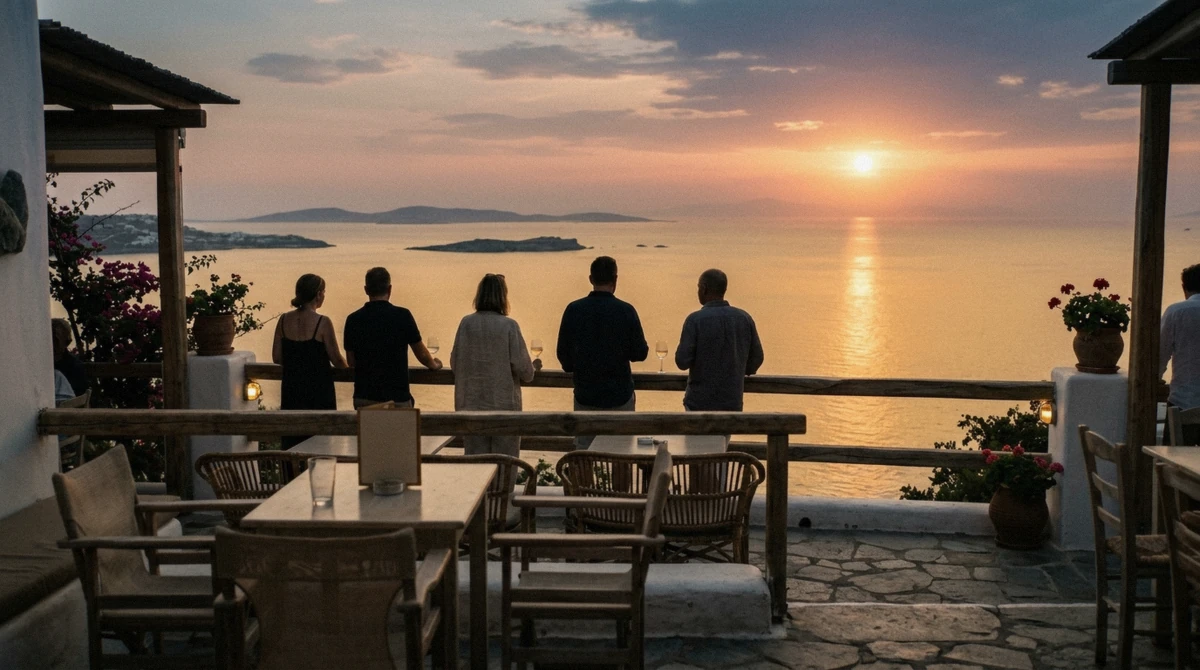 Crowd watching the sunset at a Little Venice bar in Mykonos, the moment that answers whether Mykonos island nightlife is worth it